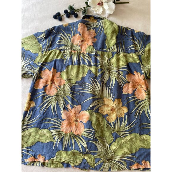 Bermuda Bay XL Tropical Hawaiian Shirt Blue With Orange & Green Floral Design 10 - Picture 2 of 9
